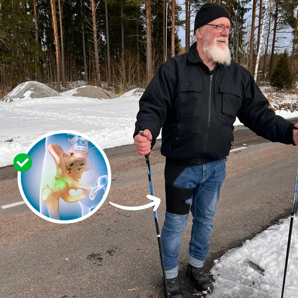 Informaatiografiikka lonkkakivun lievityksestä lonkkatuen avulla, esittelee nopeampaa toipumista ja lihasten vahvistumista.