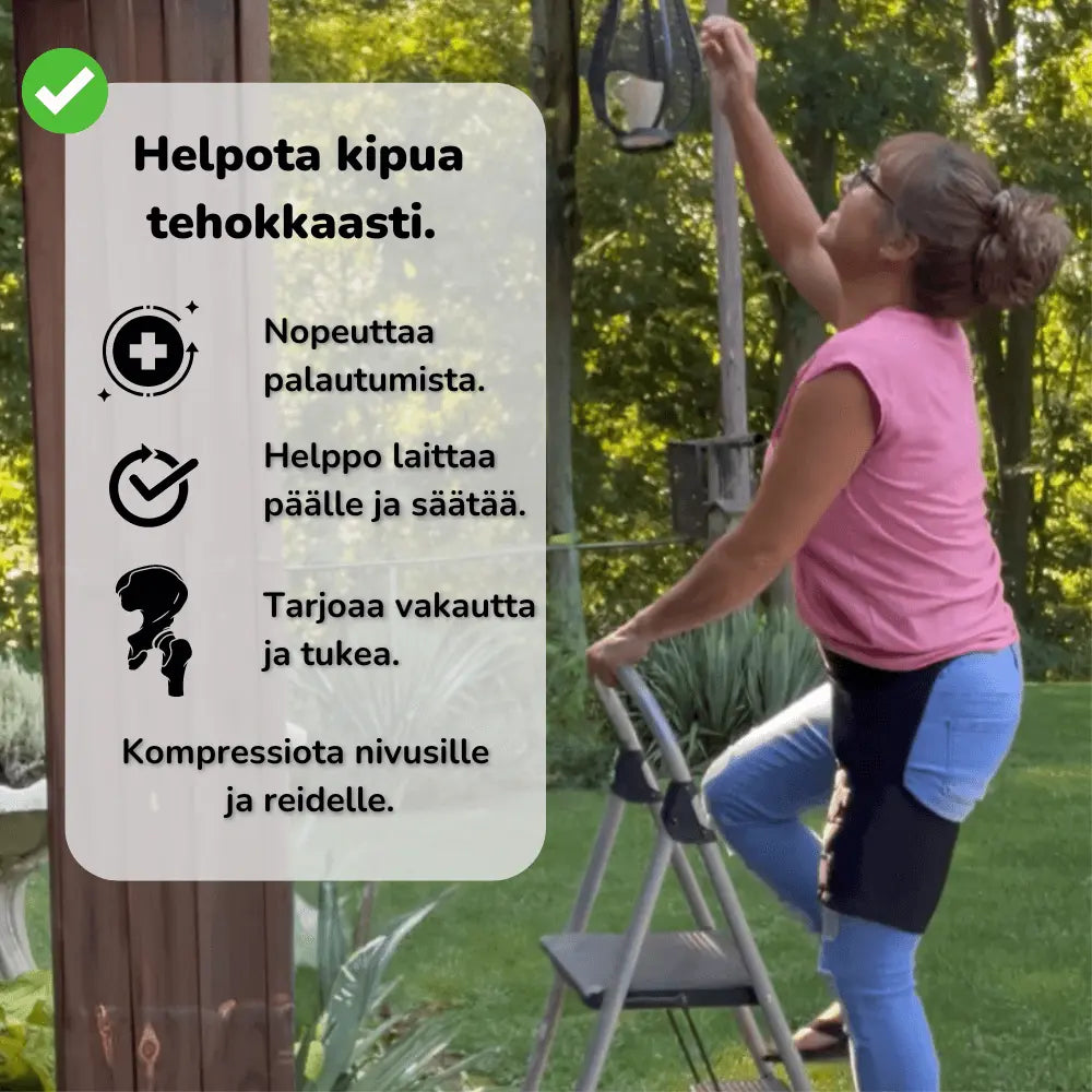 Ulkona käytettävä lonkkatuki, joka vähentää kipua ja edistää aktiivista elämäntapaa.