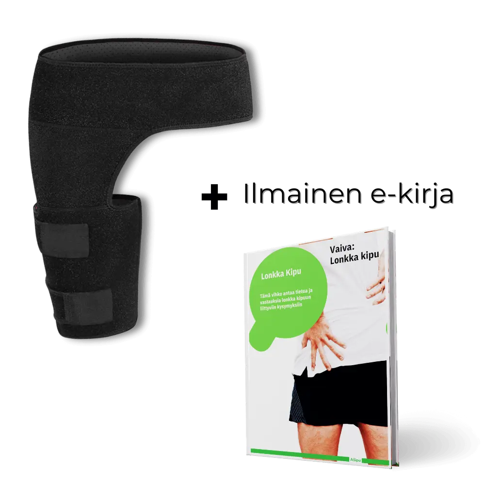 Erikoistarjous mustasta lonkkatuesta ja ilmaisesta kivunlievityksen e-kirjasta, korostaa tuotteen hyötyjä ja asiakkaan säästöjä.