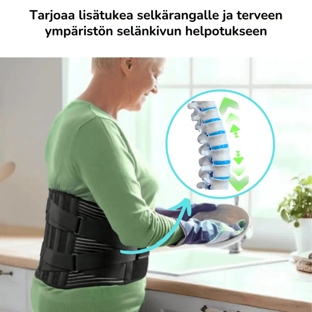 Informaatiografiikka lonkkakivun lievityksestä lonkkatuen avulla, esittelee nopeampaa toipumista ja lihasten vahvistumista.