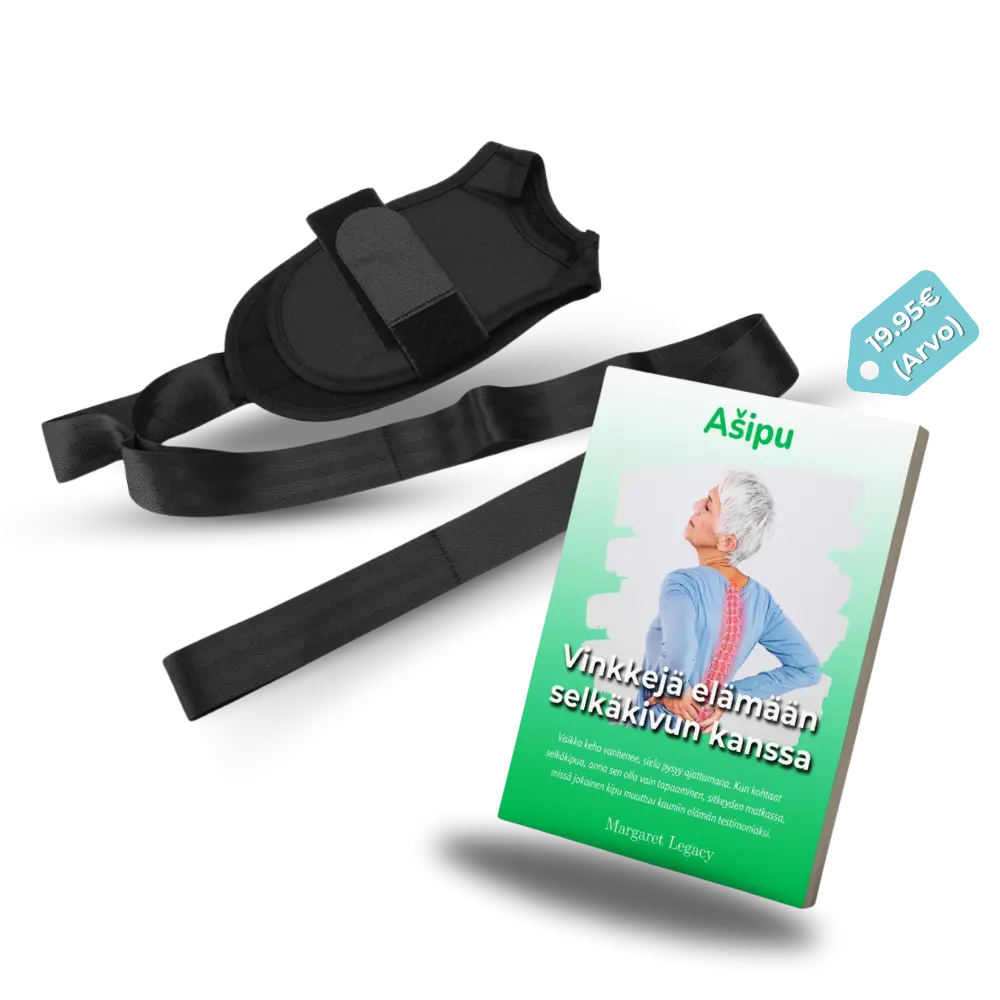 Erikoistarjous mustasta lonkkatuesta ja ilmaisesta kivunlievityksen e-kirjasta, korostaa tuotteen hyötyjä ja asiakkaan säästöjä.